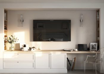 Egyedi épített TV fal hálószobában szekrénnyel, polcokkal, dolgozósarokkal + üvegezett tolóajtós besétálós gardrób