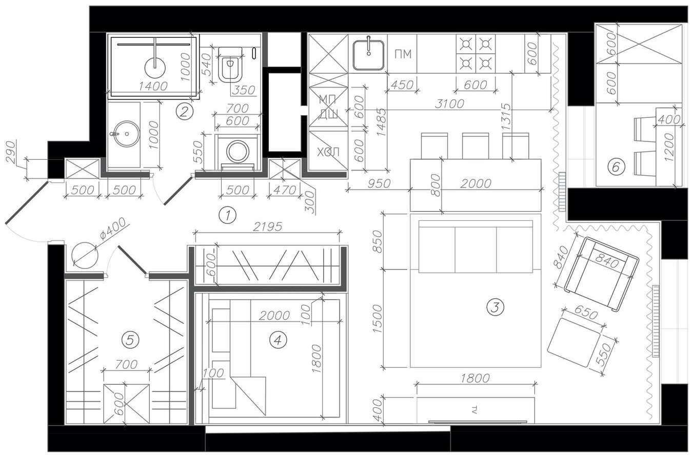 alaprajz - Egyszobás, modern otthon tágas nappali-konyhával, fehér-szürke színpalettával, gardróbszobával