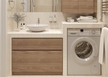 Épített mosdópult mosógéppel, zuhanyfülke, mozaik és lágy színek modern fürdőszobában