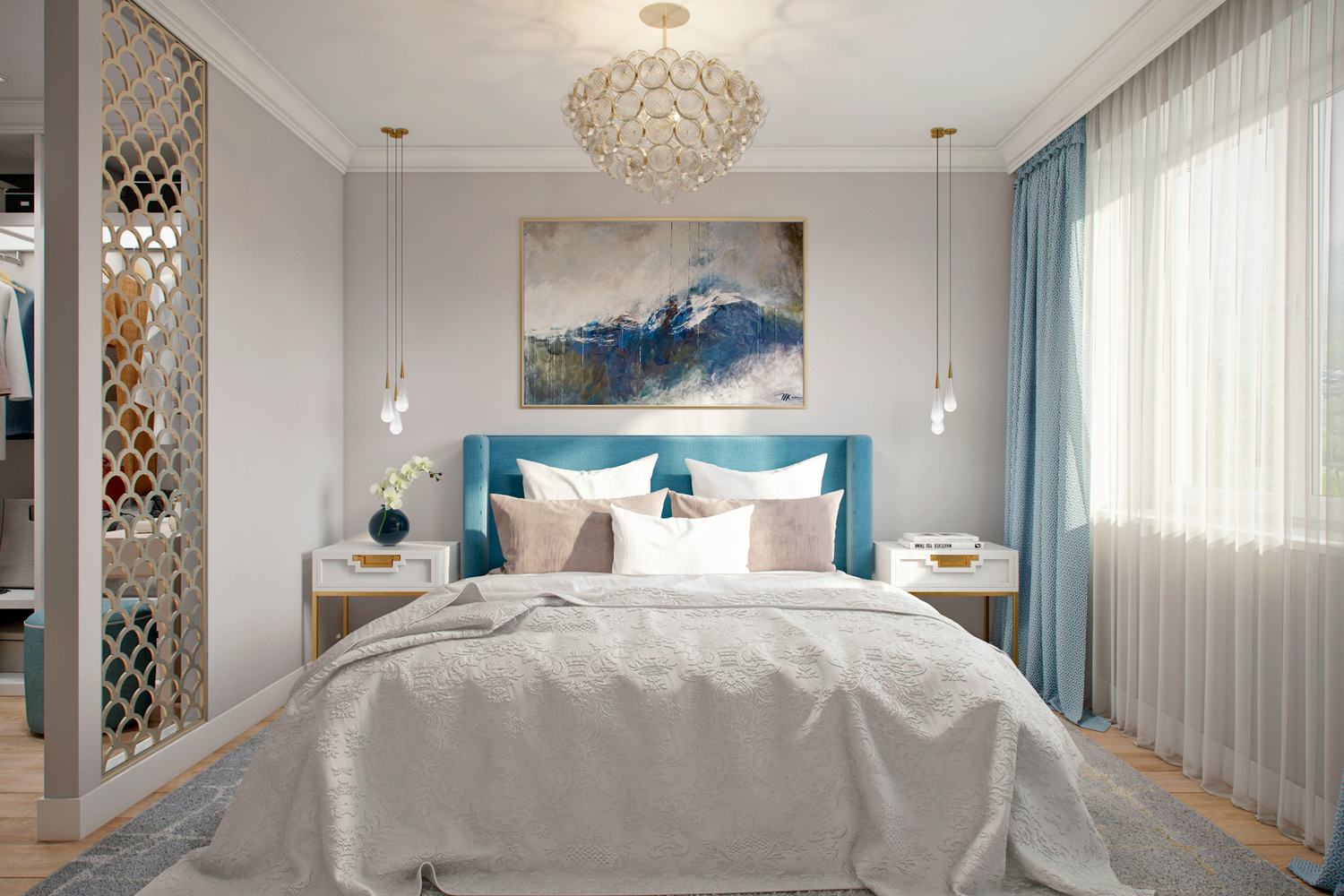 hálószoba - Keskeny szobák fiatal lány 66m2-es lakásában - pasztellszínek, olíva és kék árnyalatok, praktikus elrendezés