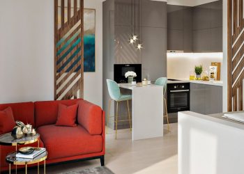 Korallszín a fürdőszobában, megemelt, épített ágy tárolóhelyekkel - modern kislakás fiatal lánynak tervezve