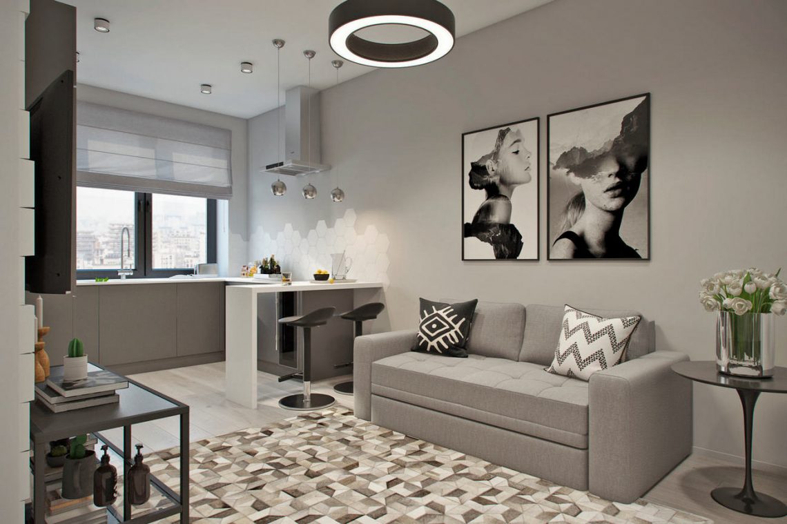 Megszokottól eltérő nappali-konyha elrendezés, modern stílus egy fiatal 42m2-es lakásában