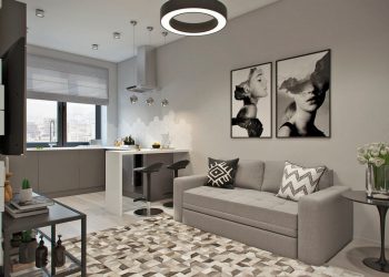 Megszokottól eltérő nappali-konyha elrendezés, modern stílus egy fiatal 42m2-es lakásában