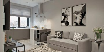 Megszokottól eltérő nappali-konyha elrendezés, modern stílus egy fiatal 42m2-es lakásában