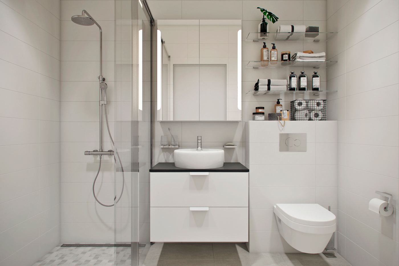 fürdőszoba - Megszokottól eltérő nappali-konyha elrendezés, modern stílus egy fiatal 42m2-es lakásában