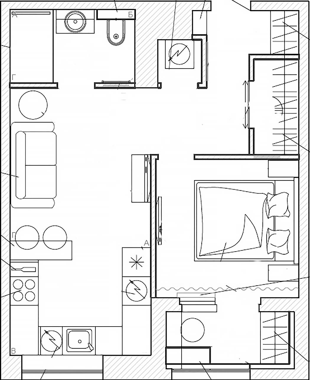 alaprajz - Megszokottól eltérő nappali-konyha elrendezés, modern stílus egy fiatal 42m2-es lakásában
