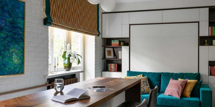 étkezőpult - Mini egyszobás lakás gardróbszobával, ötletes nappali-konyhával, többfunkciós bútorral és üvegtéglával