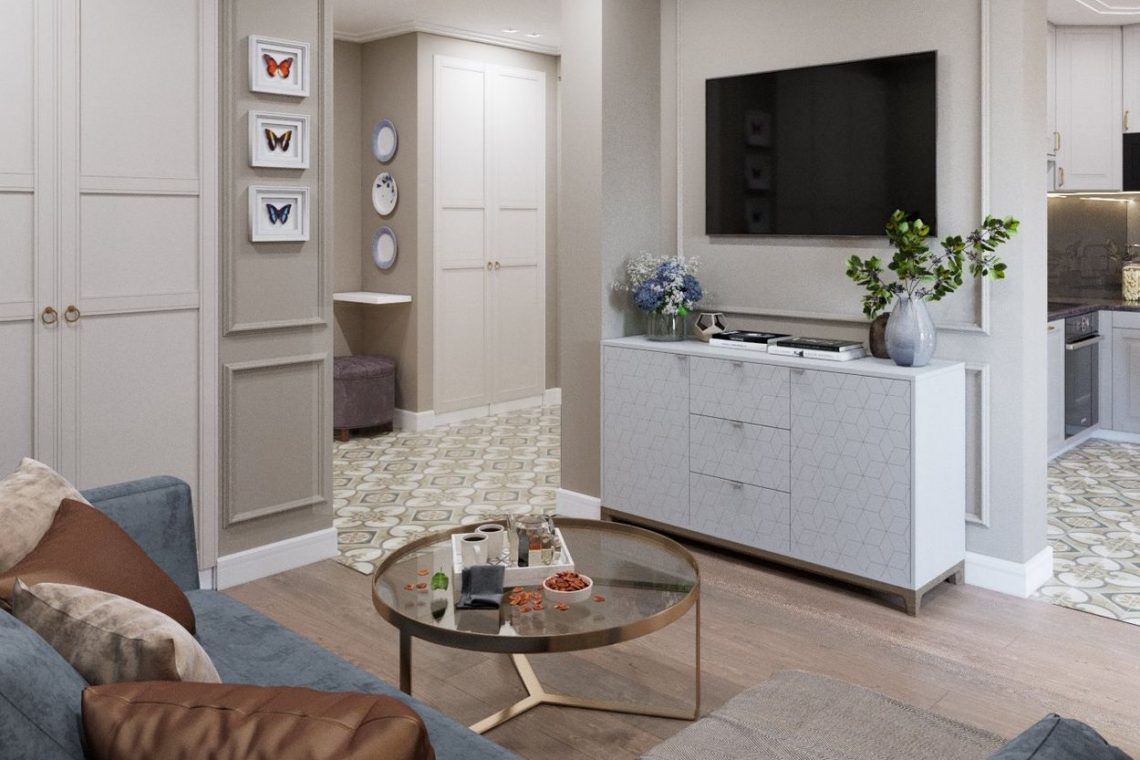 Nyugodt, szép bézs alapszín fiatal pár 46m2-es otthonában, egyszobásból kétszobás lakás újratervezéssel