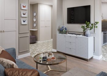 Nyugodt, szép bézs alapszín fiatal pár 46m2-es otthonában, egyszobásból kétszobás lakás újratervezéssel