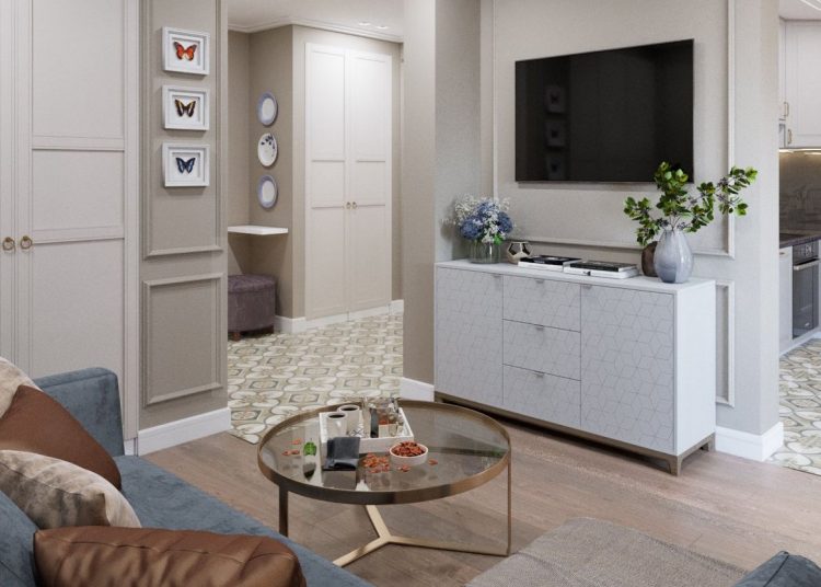 Nyugodt, szép bézs alapszín fiatal pár 46m2-es otthonában, egyszobásból kétszobás lakás újratervezéssel