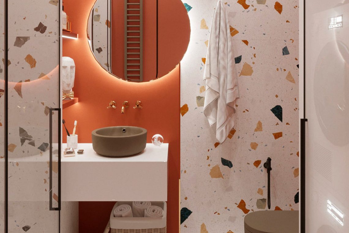Terrazzo falburkolat, korallvörös szín és barna szaniterek egy különleges kis fürdőszobában 1