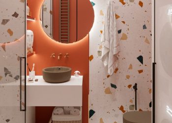 Terrazzo falburkolat, korallvörös szín és barna szaniterek egy különleges kis fürdőszobában 1