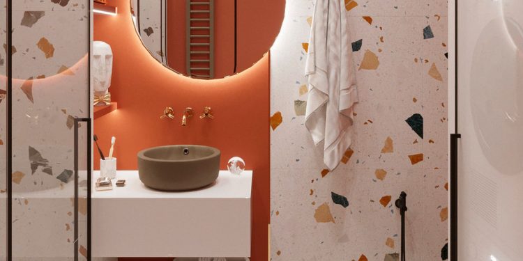 Terrazzo falburkolat, korallvörös szín és barna szaniterek egy különleges kis fürdőszobában 1