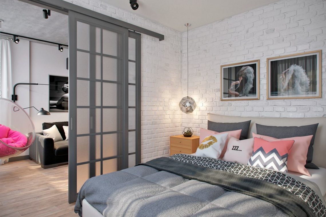 hálószoba tolóajtóval - Tökéletesen kényelmes elosztás egy vagy két embernek 50m2-en, nyitottság jól elkülönülő zónákkal