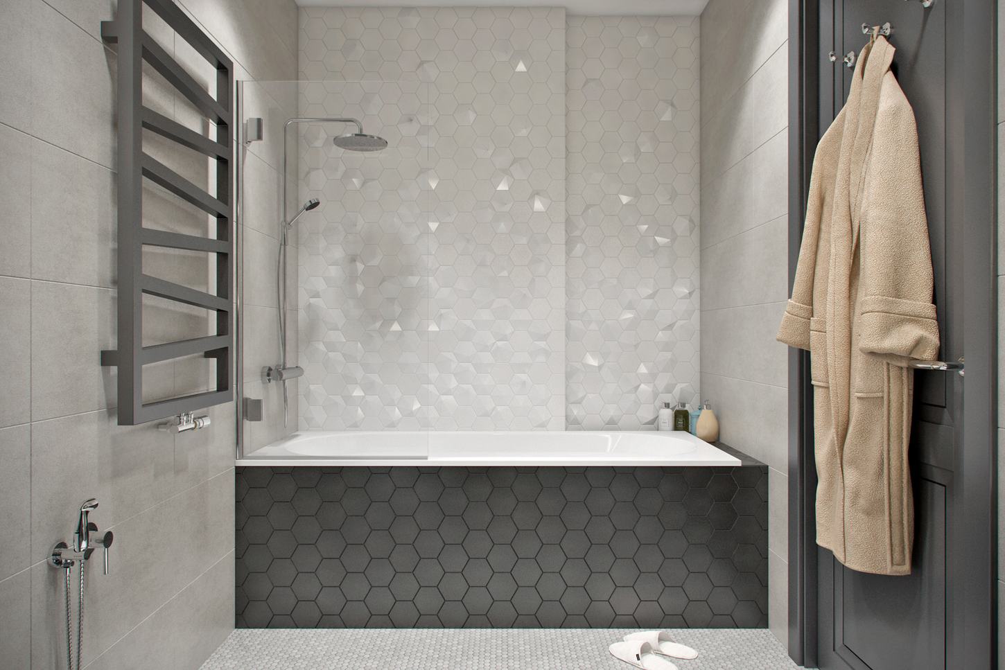 fürdőszoba - Tökéletesen kényelmes elosztás egy vagy két embernek 50m2-en, nyitottság jól elkülönülő zónákkal fürdőszoba - Tökéletesen kényelmes elosztás egy vagy két embernek 50m2-en, nyitottság jól elkülönülő zónákkal