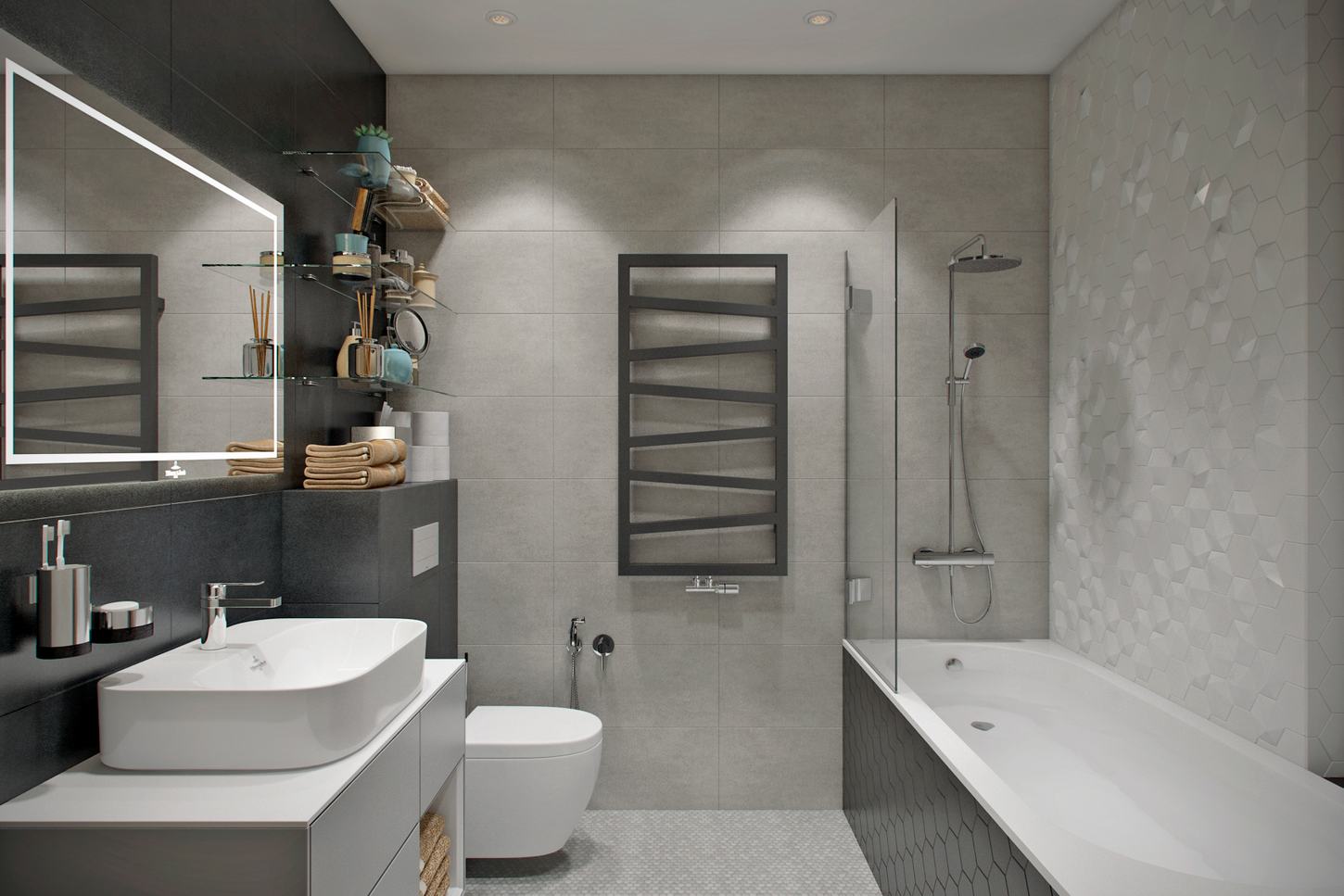 fürdőszoba - Tökéletesen kényelmes elosztás egy vagy két embernek 50m2-en, nyitottság jól elkülönülő zónákkal