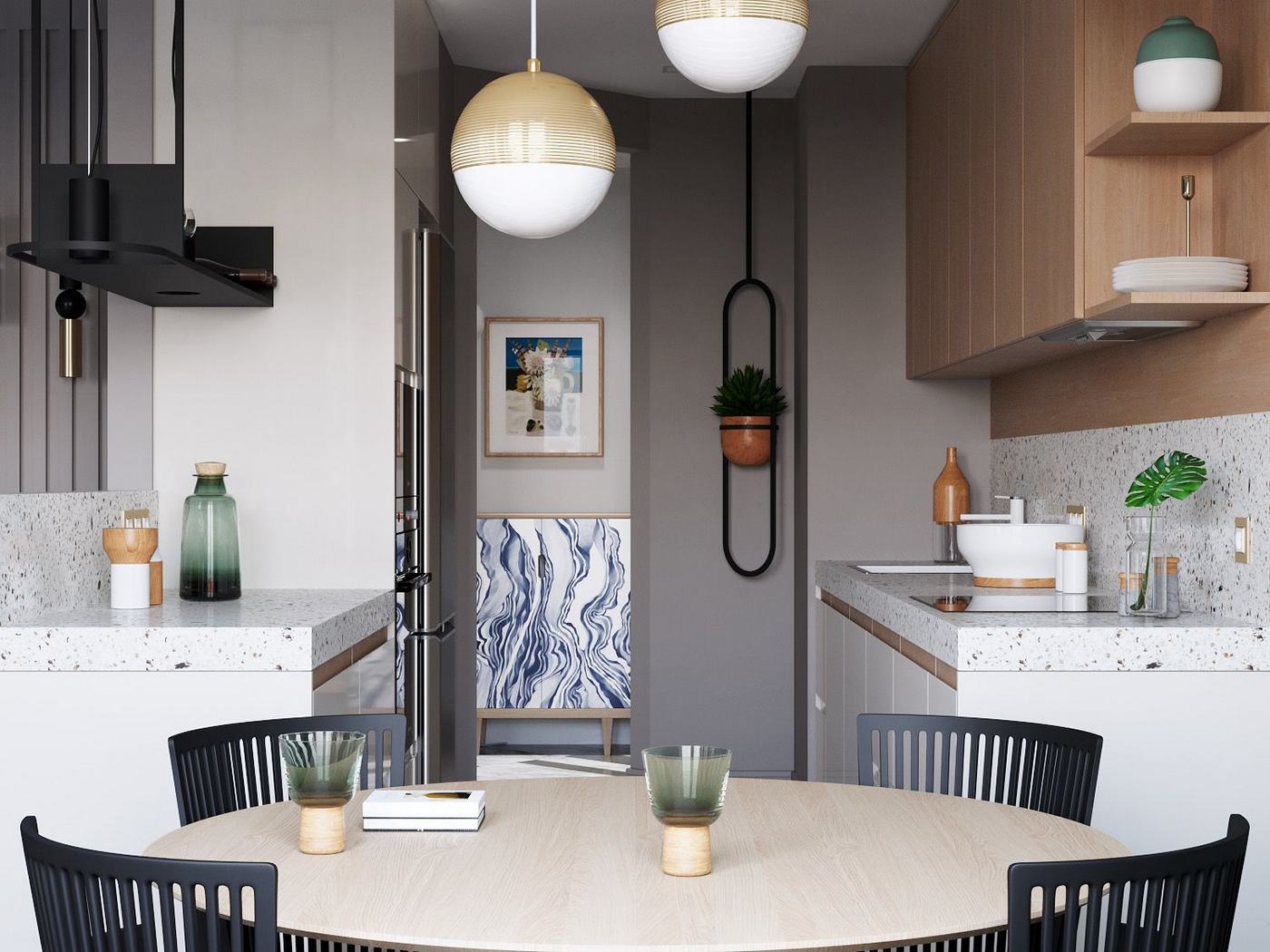 konyha - ergonomikus és kényelmes berendezés fiatal család 103 négyzetméteres, háromszobás otthonában