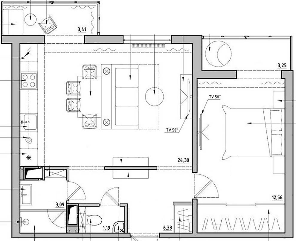 alaprajz - Beépített erkélyekkel 58m2-es kétszobás lakás, kényelmes, funkcionális enteriőr szép részletekkel