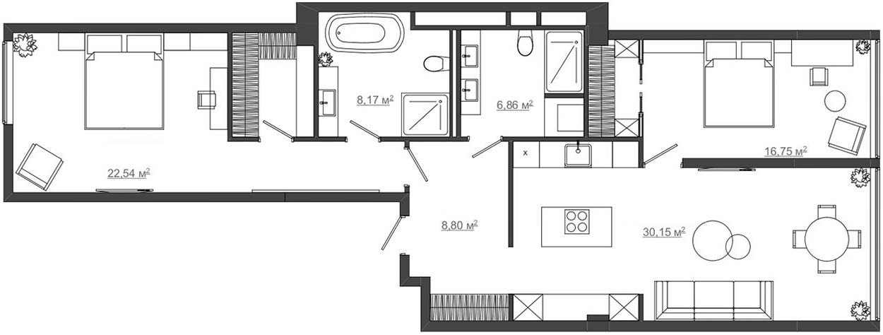 alaprajz - Elegáns és kényelmes családi otthon minimál stílusban berendezve - szép fa felületek, három szoba 98m2-en