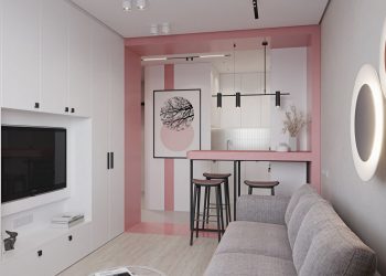 Fehér és rózsaszín, modern berendezés 33m2-en, funkcionális kis lakás külön hálószobával