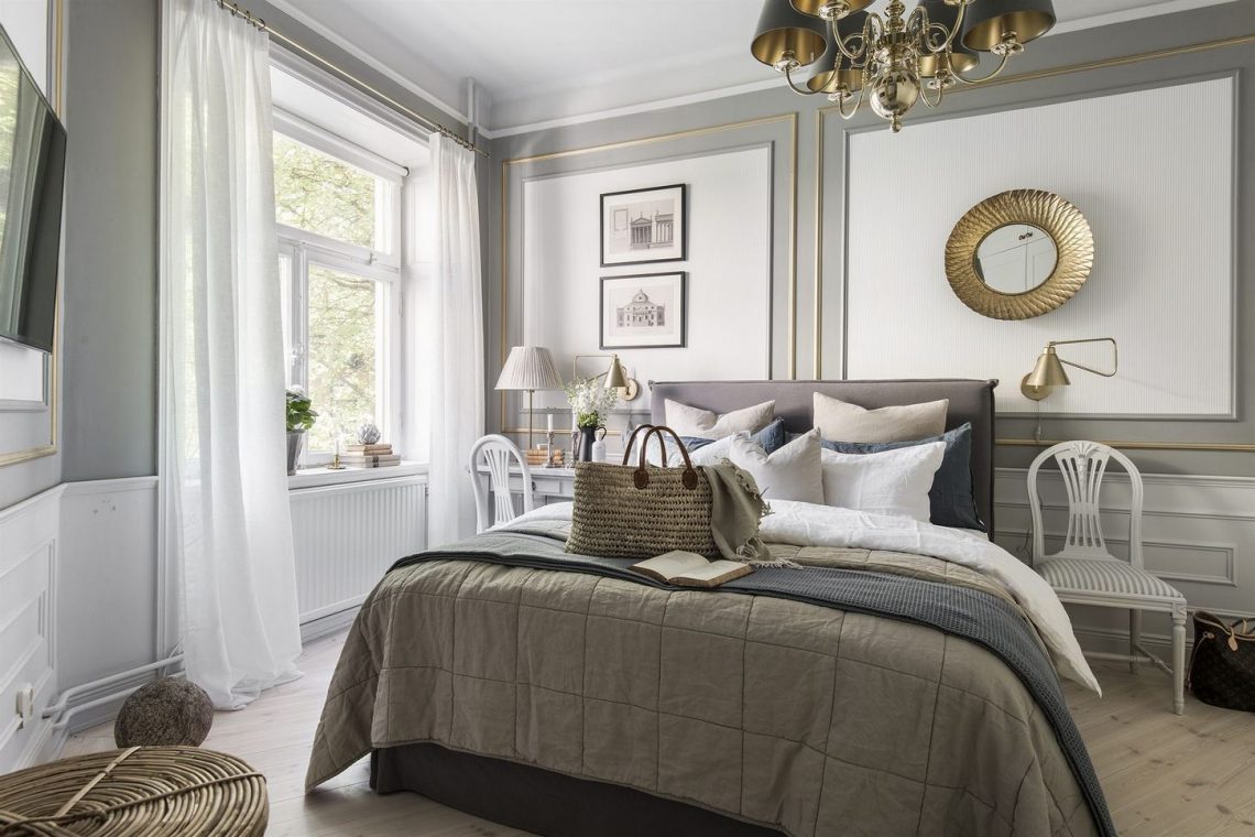 Fehér, szürke és arany stílusos, nyugodt hangulatú kombinációja kényelmesen berendezett 58m2-es lakásban