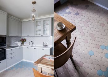 Konyha inspiráció szürke konyhabútorral, fehér pikkely csempe hátfallal, kék, lila, krém árnyalatokkal kirakott hatszögletű kerámia padlóburkolattal