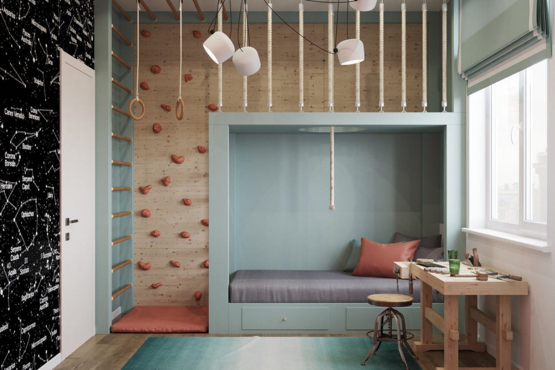 Mászófallal kombinált egyedi gyerekszoba bútor, gyerekágy fiókokkal