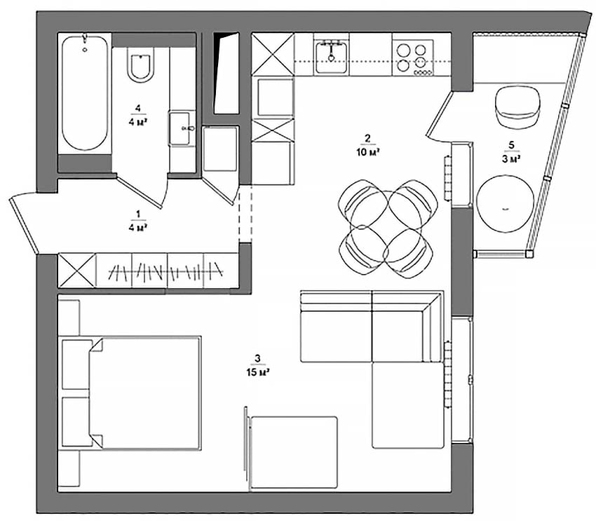 alaprajz 36m2 - Fiatal pár stílusos, modern 36m2-es lakása helytakarékos és esztétikus hálószoba leválasztással