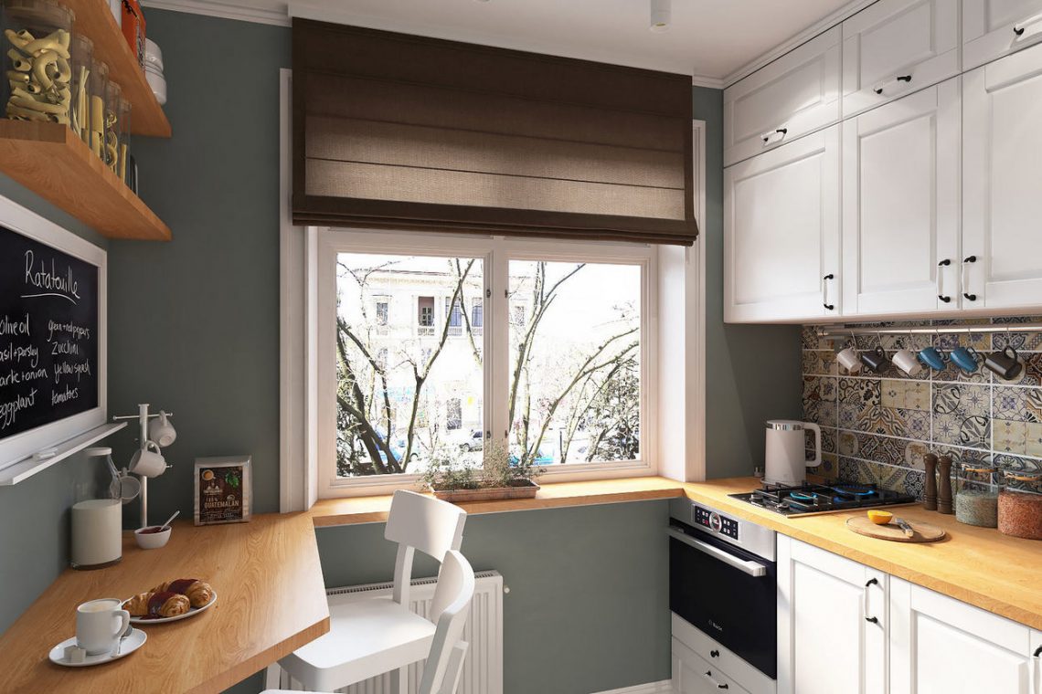 Kis 6 m2-es konyha praktikus berendezése egysoros konyhabútorral és körben futó fa pulttal