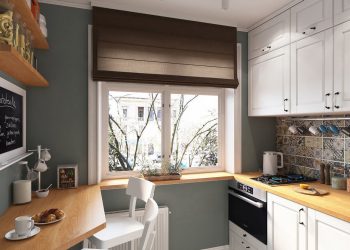 Kis 6 m2-es konyha praktikus berendezése egysoros konyhabútorral és körben futó fa pulttal