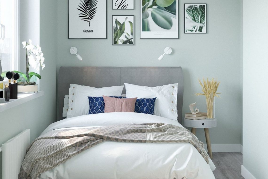 Kis hálószoba világoszöld falszínnel, tolóajtós gardróbszekrénnyel