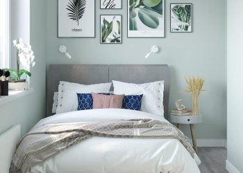 Kis hálószoba világoszöld falszínnel, tolóajtós gardróbszekrénnyel