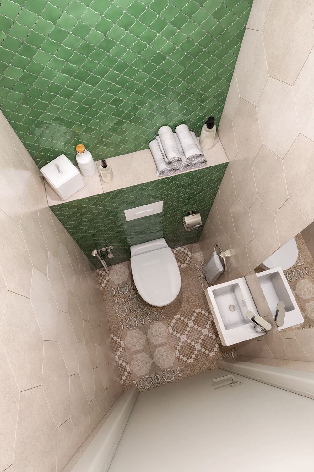 A bézs csempe a falon nagyobb méretű hatszögletű lapokból áll, a WC mögött a fal zöld, kisebb formátumú csempét kapott mutatós formával, a padlóburkolat mintás, a szaniterek fehérek