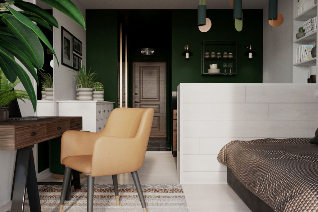 Mély zöld és fehér szép kombinációja természetes színekkel kis lakásban - fiatal lány 28m2-es otthona egyszerű konyhával