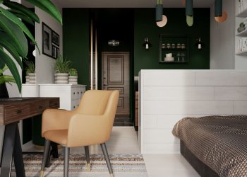 Mély zöld és fehér szép kombinációja természetes színekkel kis lakásban - fiatal lány 28m2-es otthona egyszerű konyhával