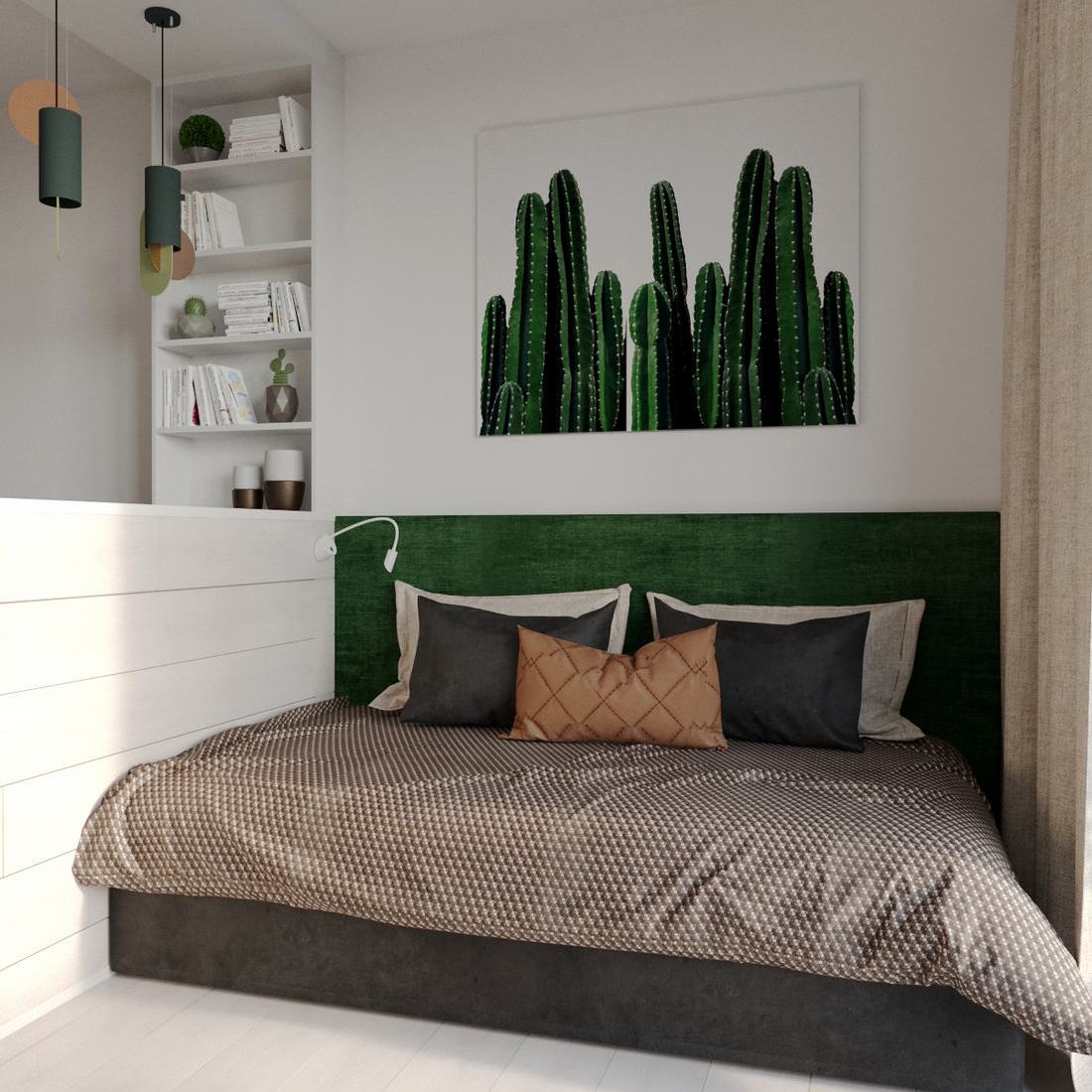 Mély zöld és fehér szép kombinációja természetes színekkel kis lakásban - fiatal lány 28m2-es otthona egyszerű konyhával