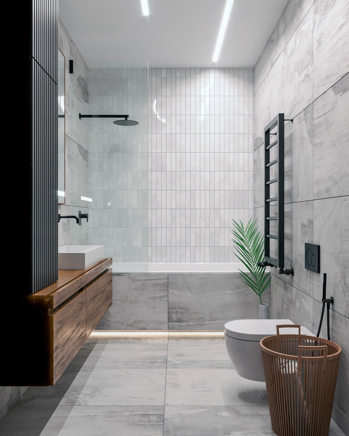 Nagyméretű burkolólapok vízszintesen és kisebb méretű, keskeny csempe függőlegesen modern fürdőszobában