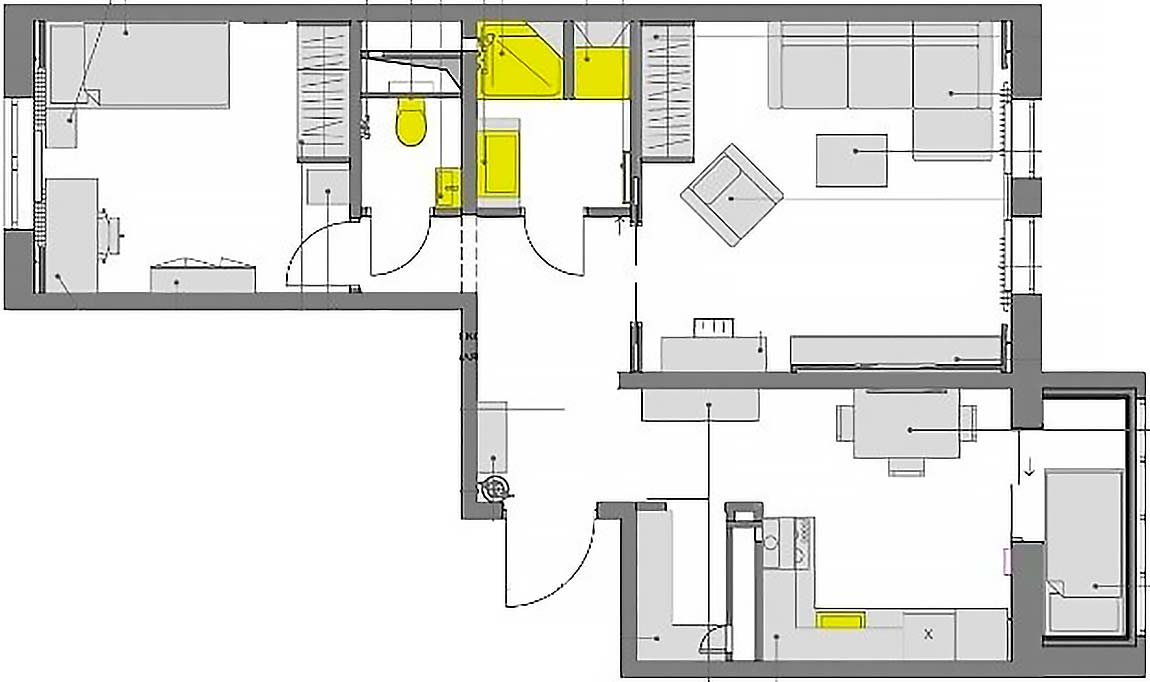 alaprajz - Anya és lánya kétszobás 58m2-es panel otthona fehérbe öltöztetve, teljes lakásfelújítás IKEA bútorokkal, tükrökkel