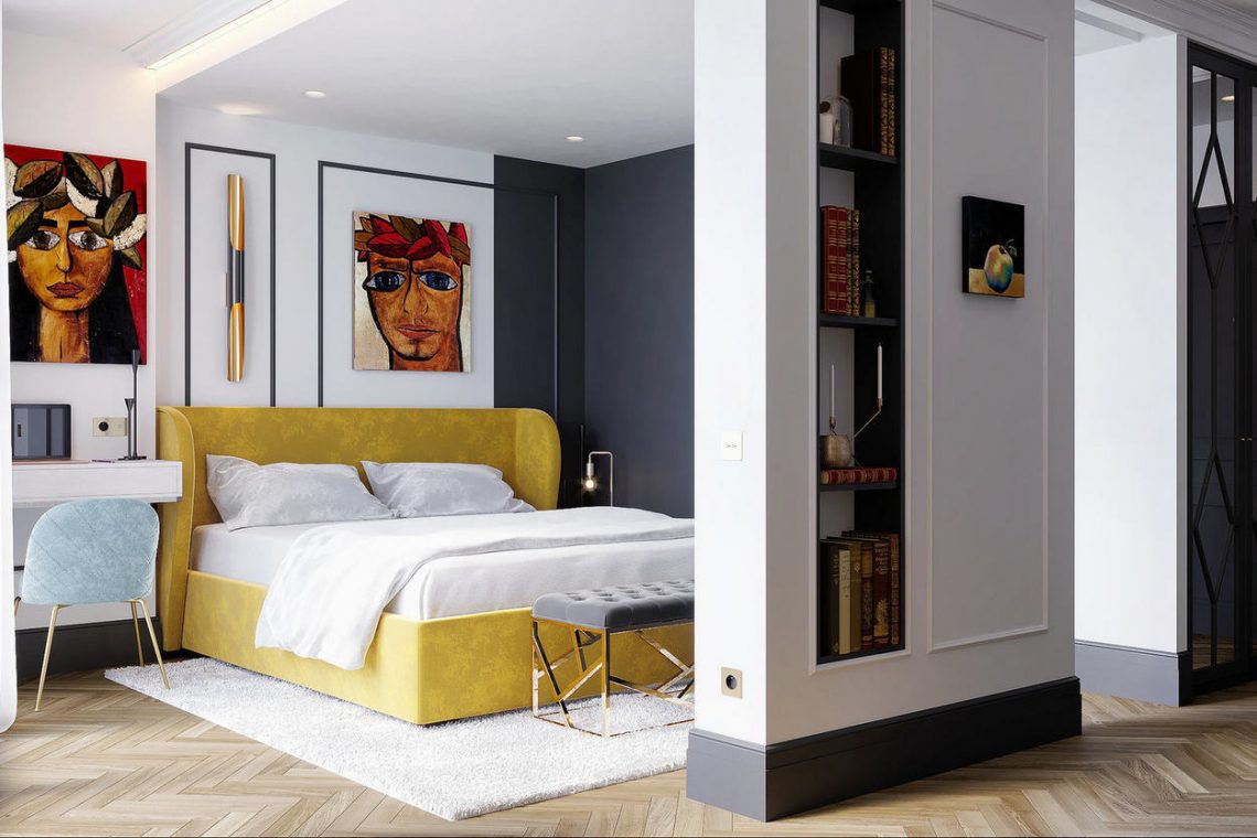 Fiatal nő szabálytalan alapterületű új lakása - 44m2 nyitott, modern berendezés, saját festményekkel díszítve