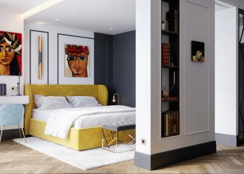 Fiatal nő szabálytalan alapterületű új lakása - 44m2 nyitott, modern berendezés, saját festményekkel díszítve