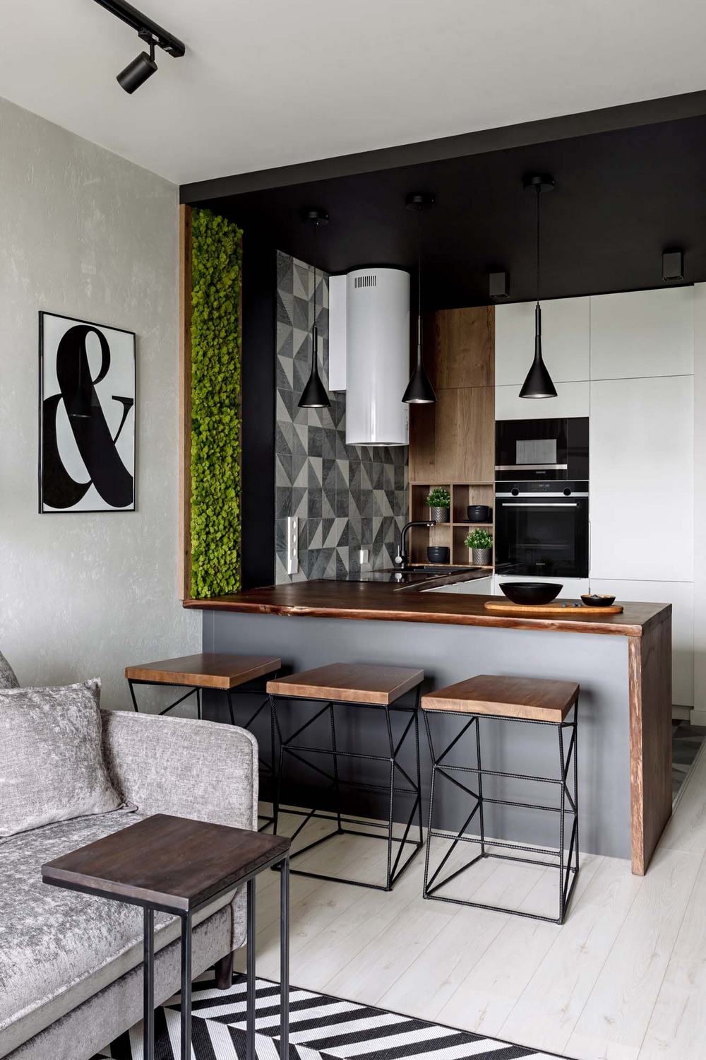 Tökéletesen tervezett tér fiatal férfi 47m-es, stílusos, modern lakásában - természetes monokróm színpaletta