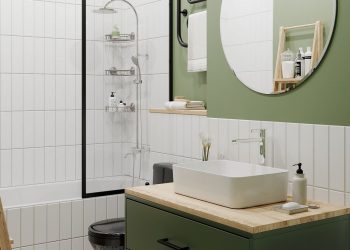 Zöld fekete fehér kis fürdőszoba dekoráció világos fával, fürdőkáddal