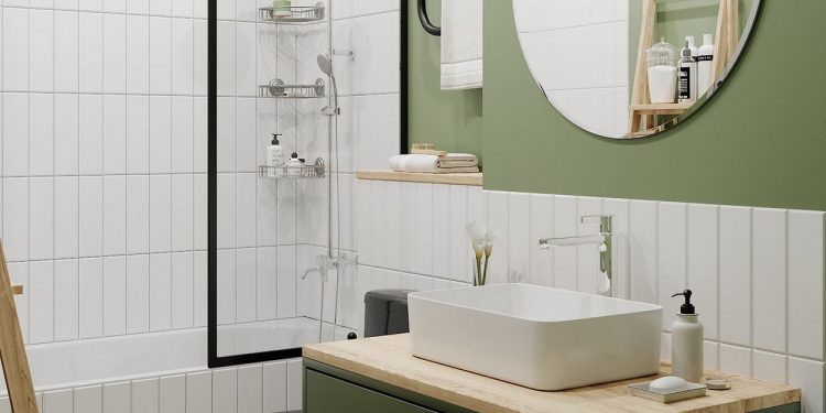 Zöld fekete fehér kis fürdőszoba dekoráció világos fával, fürdőkáddal