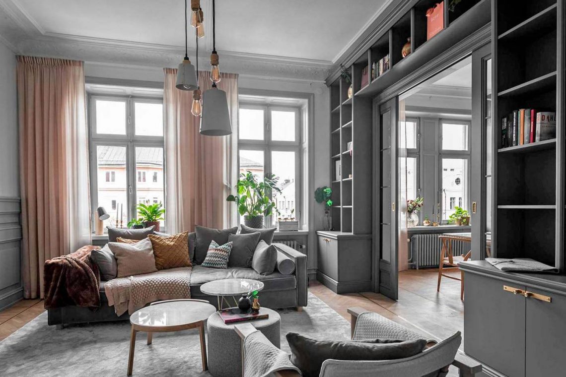 Kifinomult, stílusos terek a szürke színt profin alkalmazva, arany részletek és semleges árnyalatok szép összhangja