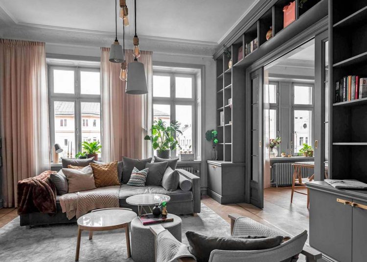 Kifinomult, stílusos terek a szürke színt profin alkalmazva, arany részletek és semleges árnyalatok szép összhangja