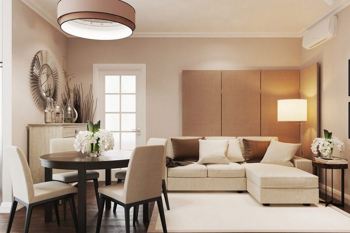 Látványtervek - 46m2-es lakás bézs, szürke, fehér színekkel, természetes anyagokkal