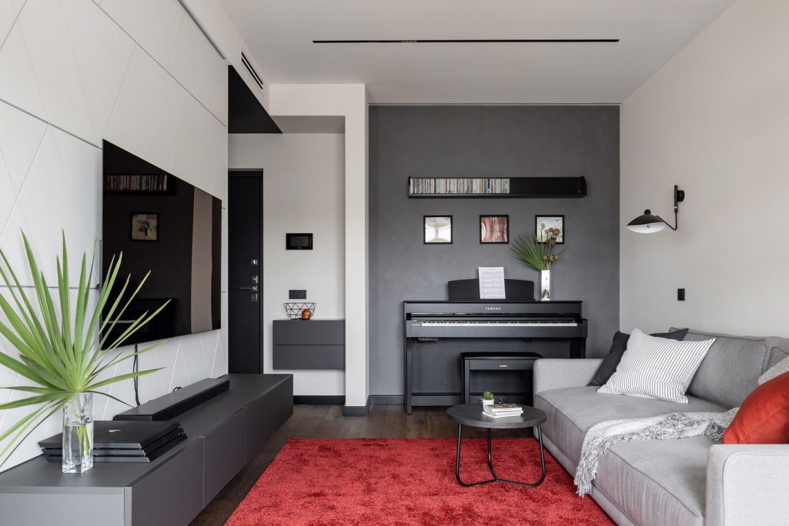 Fürdőszoba körül körbejárhatóan berendezett terek - férfi 57m2-es modern stílusú otthona