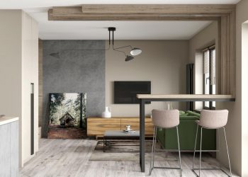 Kis legénylakás - férfi 35m2-es új otthona modern berendezéssel, többféle fa textúrával