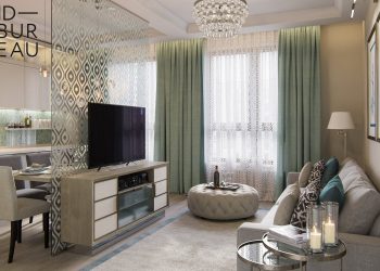 Mintás üveg térelválasztóval látványosan kettéosztott nappali és konyha, bézs, szürke, zöld, világos fa színpaletta