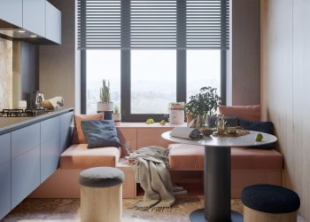 Modern 9m2-es konyha párnázott ülőhelyekkel az ablak előtt, társasági élethez tervezve